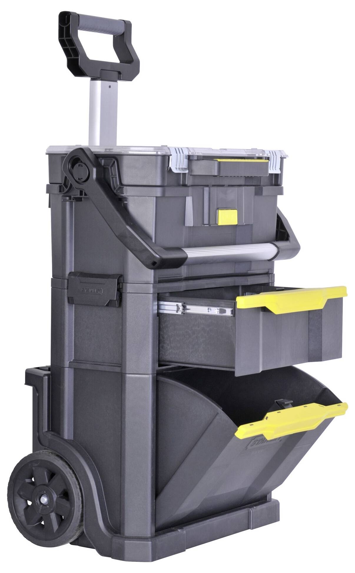 Black mobile toolbox with handle and wheels. Contains pull-out drawer and compartment with yellow accents for tool storage.