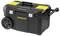 Black toolbox with yellow 'Stanley' logo, two wheels and extendable handle, suitable for mobile tool use.
