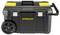 Black mobile toolbox with handle on wheels, yellow accents and 'Stanley' lettering, for tool storage and transportation.