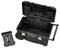 Large black toolbox with an open lid, revealing a spacious interior and sturdy wheels for easy transportation.