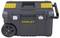 Rollable tool chest with a black casing and yellow accents, featuring a carry handle and wheels, branded with 'Stanley'.