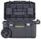 Large black toolbox with wheels and an open lid, bearing the 'Stanley' inscription. Suitable for transporting tools.