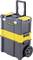 Black mobile toolbox with yellow accents, large storage space and extendable handle, mounted on wheels for easy transportation.