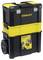 Black toolbox with yellow central section and wheels, 'Stanley' brand. Contains multiple storage levels and metal locks.<br><br>Black tool chest with a yellow central section and wheels, 'Stanley' brand. Features several storage compartments and metal clasps.