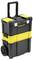 Black and yellow toolbox on wheels with handle, stackable, featuring the STANLEY logo, suitable for mobile tool storage.
