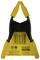 'Yellow and black Stanley plastic G-clamp with barcode and brand information on the reverse side.'
