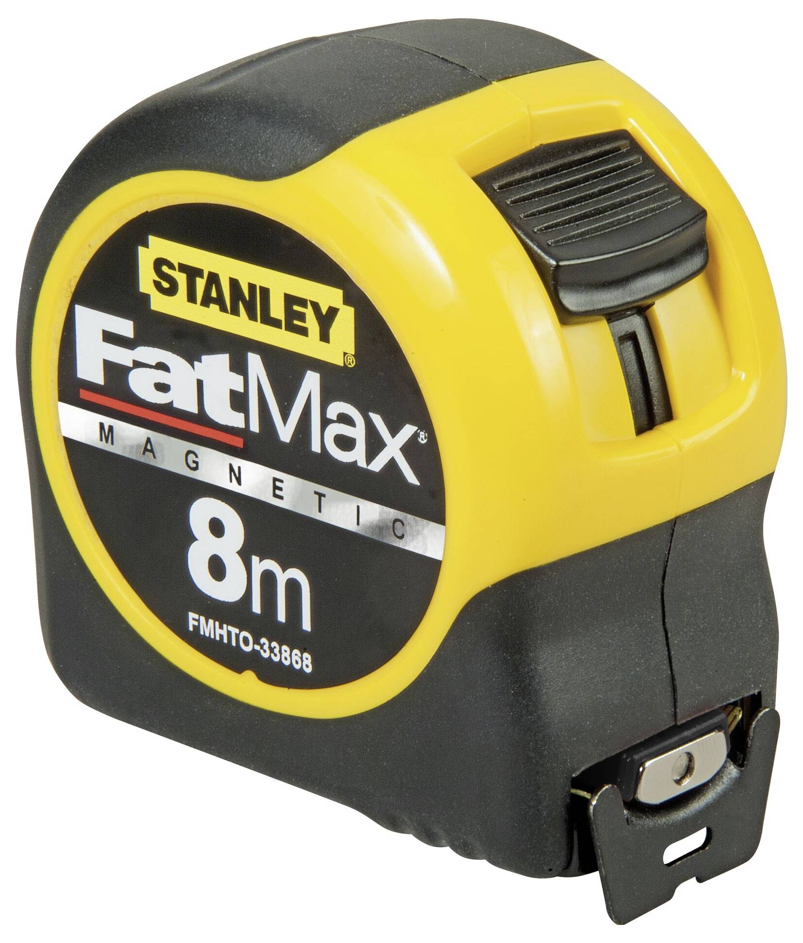 Stanley FatMax measuring tape with yellow and black casing, 8 metres long, suitable for precise measurements.