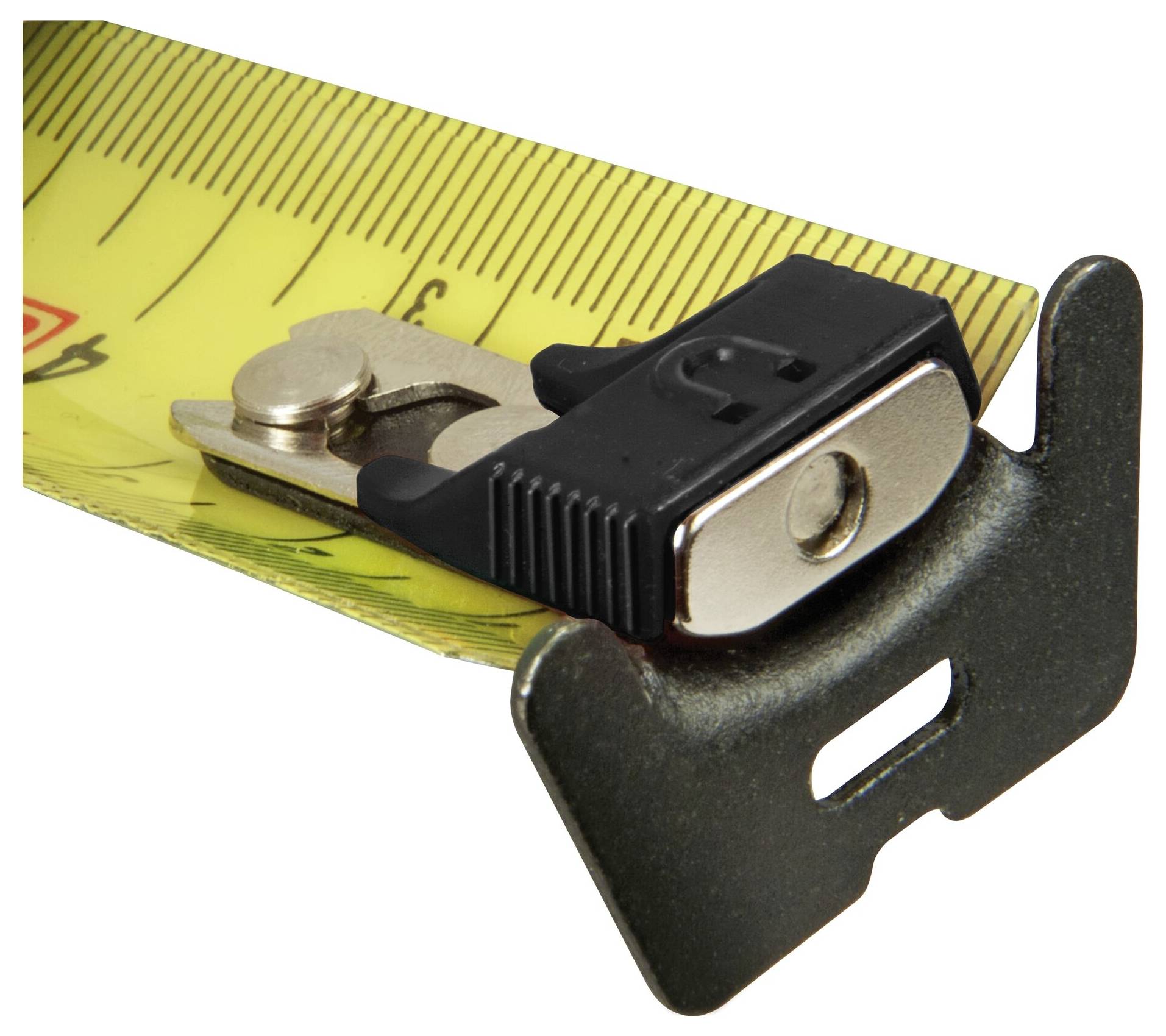 Close-up of a measuring tape with a metal buckle, yellow with black markings.