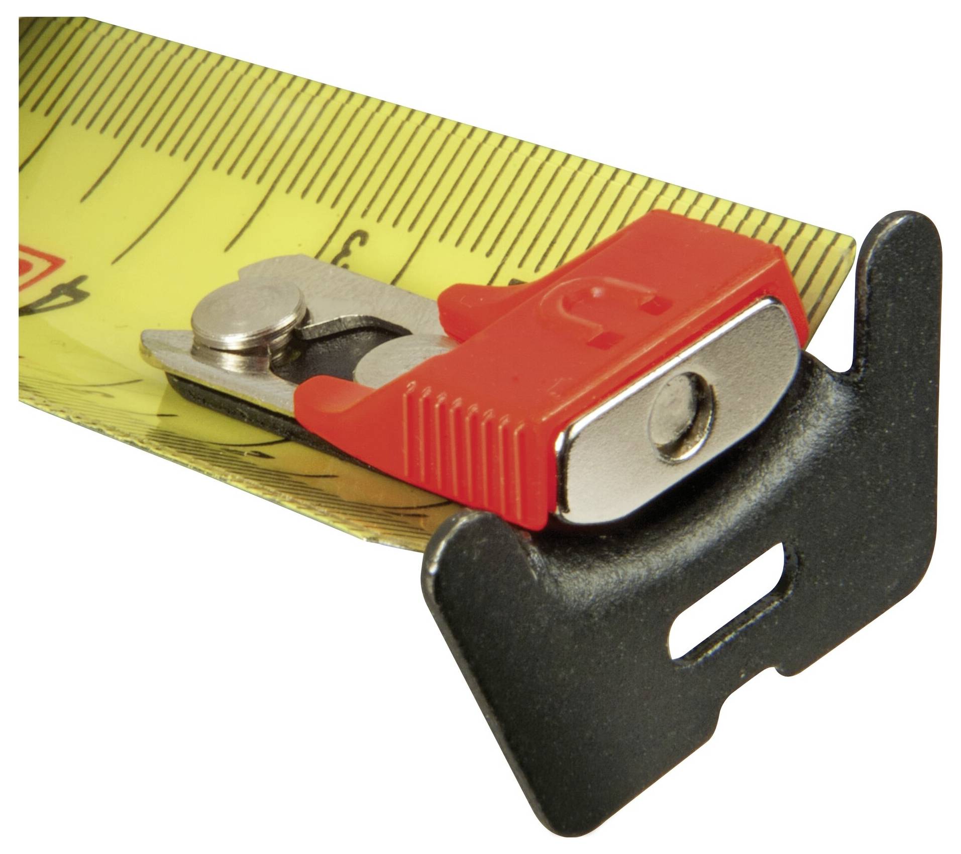 Close-up of a yellow tape measure tip with a red and black hook, showing millimetre and centimetre markings.