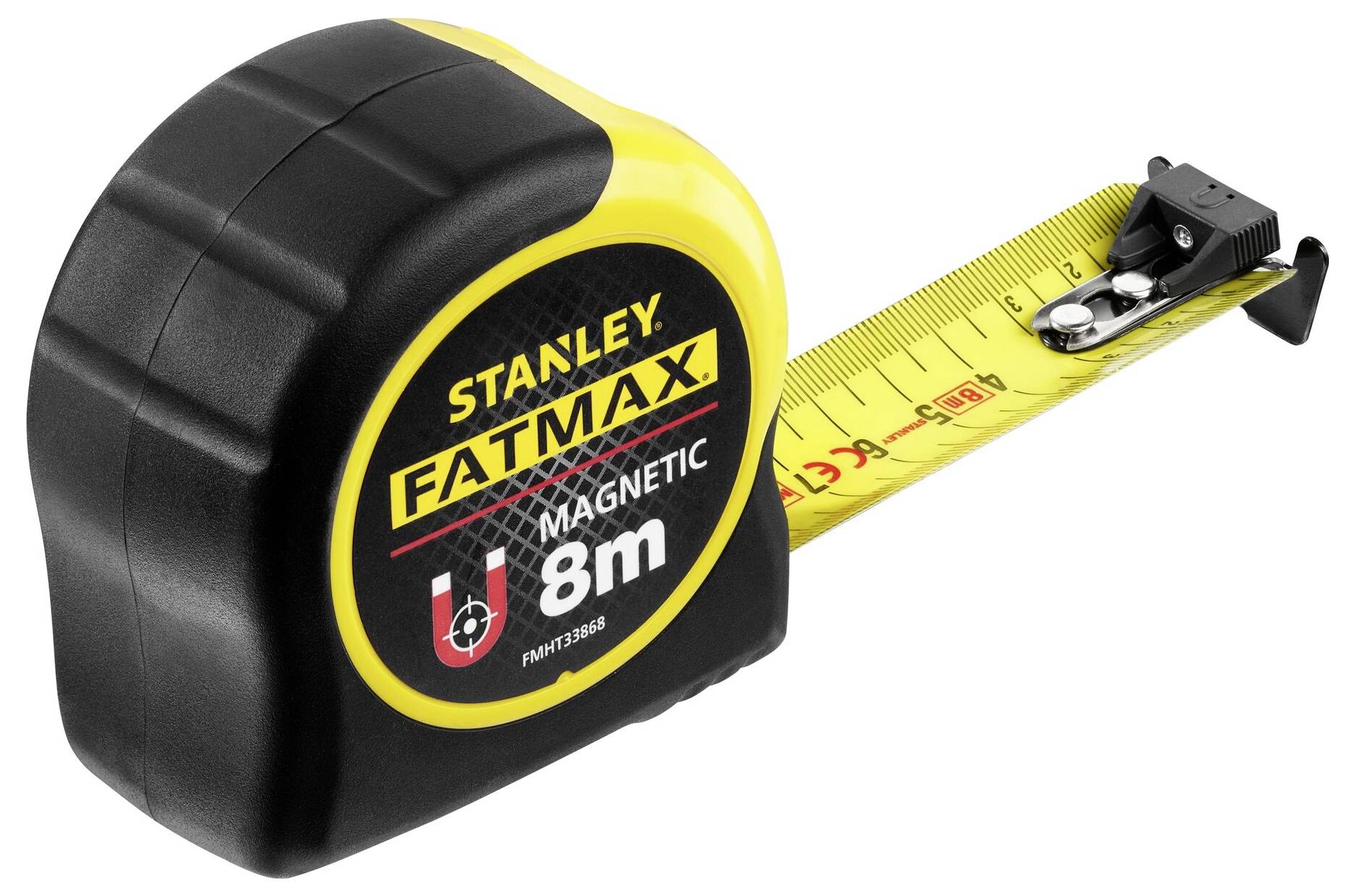 A yellow Stanley Fatmax tape measure, capable of measuring 8 metres, with a magnetic hook at the end, is laid out unrolled on a table.