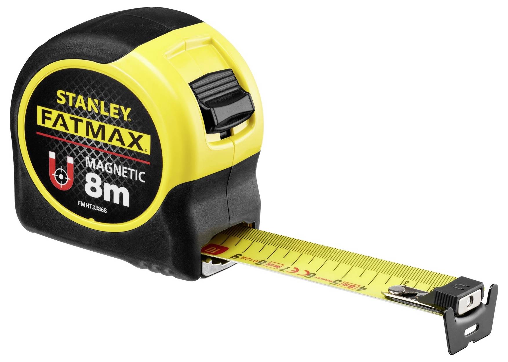 A yellow and black tape measure with the inscription 'Stanley FatMax Magnetic 8m', partially extended.