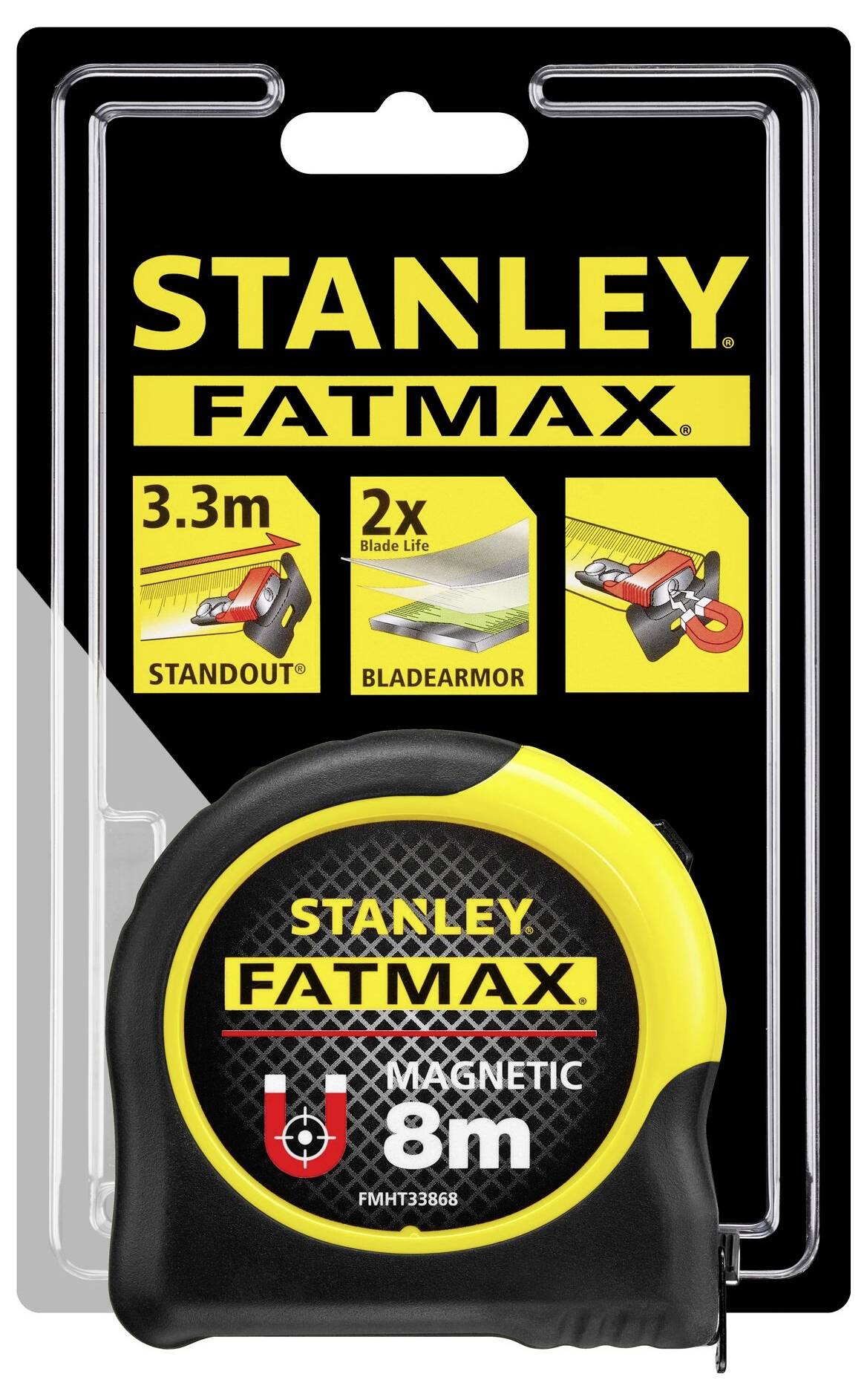 'Stanley Fatmax Tape Measure' with 8m length, magnetic, 3.3m standout, 2x Blade Armour. Packaging design showcases product features.