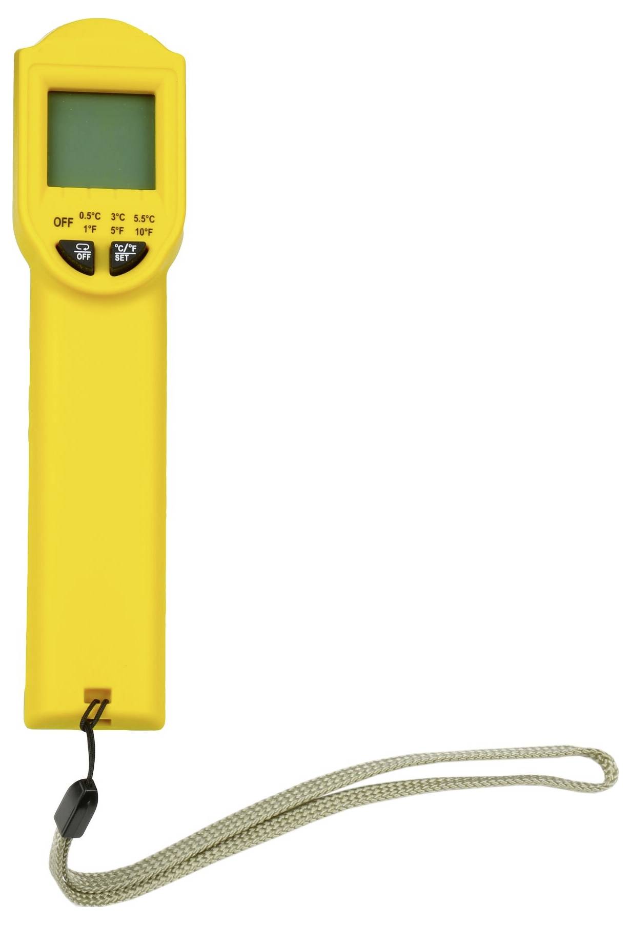 Portable yellow thermometer with display and wristband. Measures temperatures in Celsius and Fahrenheit.