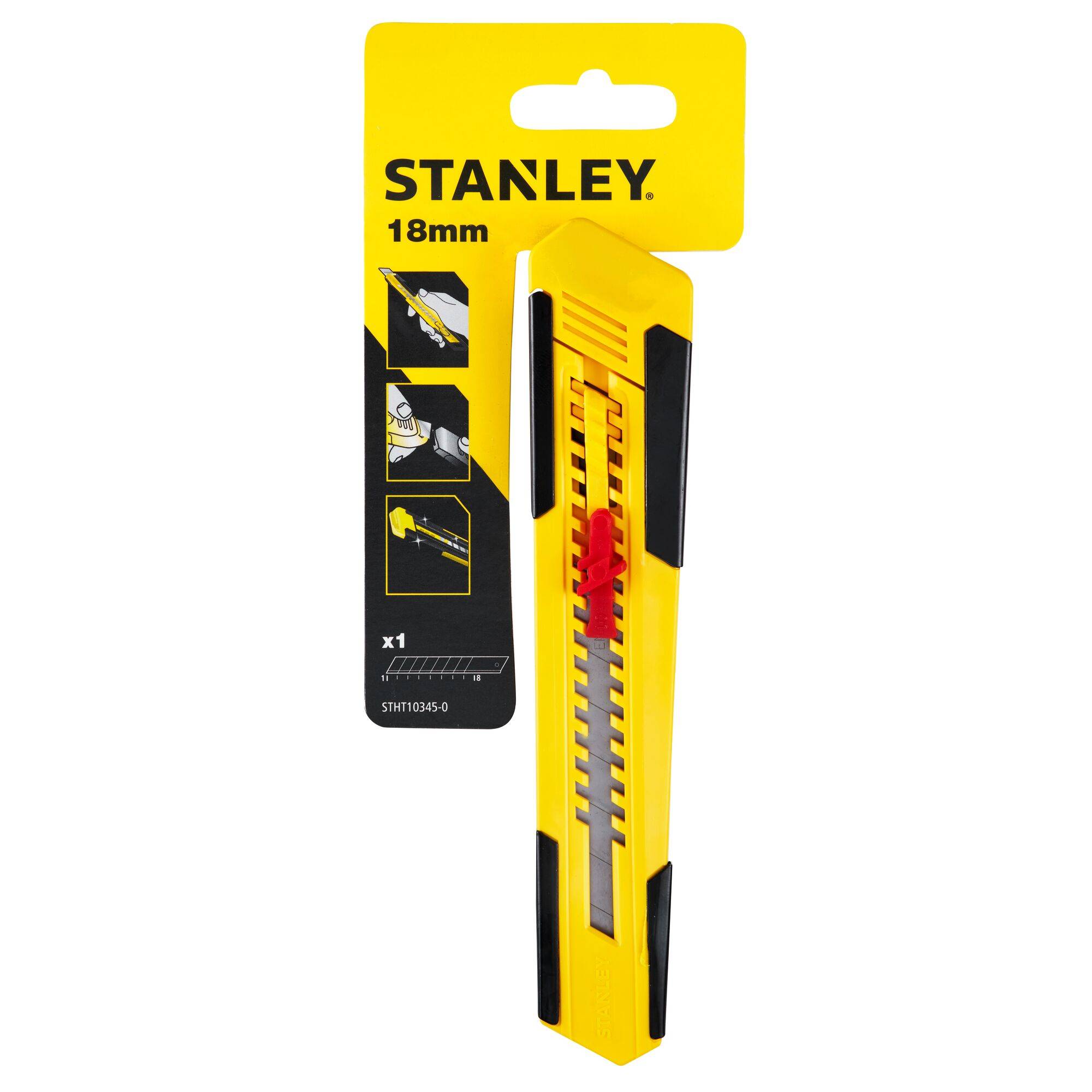 A yellow Stanley utility knife with a non-slip handle and red sliding lock, packaged in a cardboard card with usage illustrations.