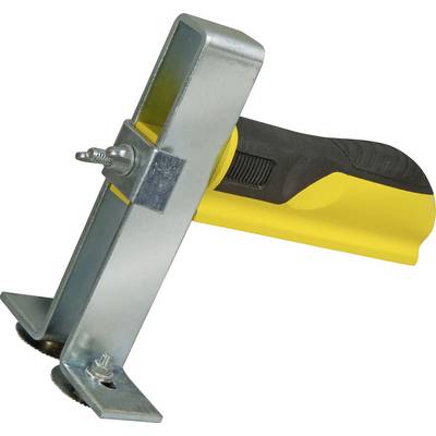 Handheld device with a yellow handle and black detail, attached to a metal mounting bracket, possibly a tool or measuring instrument.
