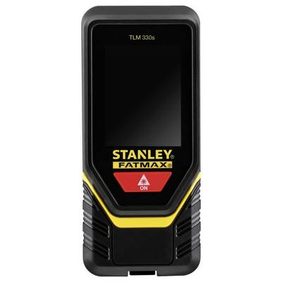 Black laser distance measuring device with yellow and red 'Stanley Fatmax' labelling. Shows model number 'TLM 330s'.