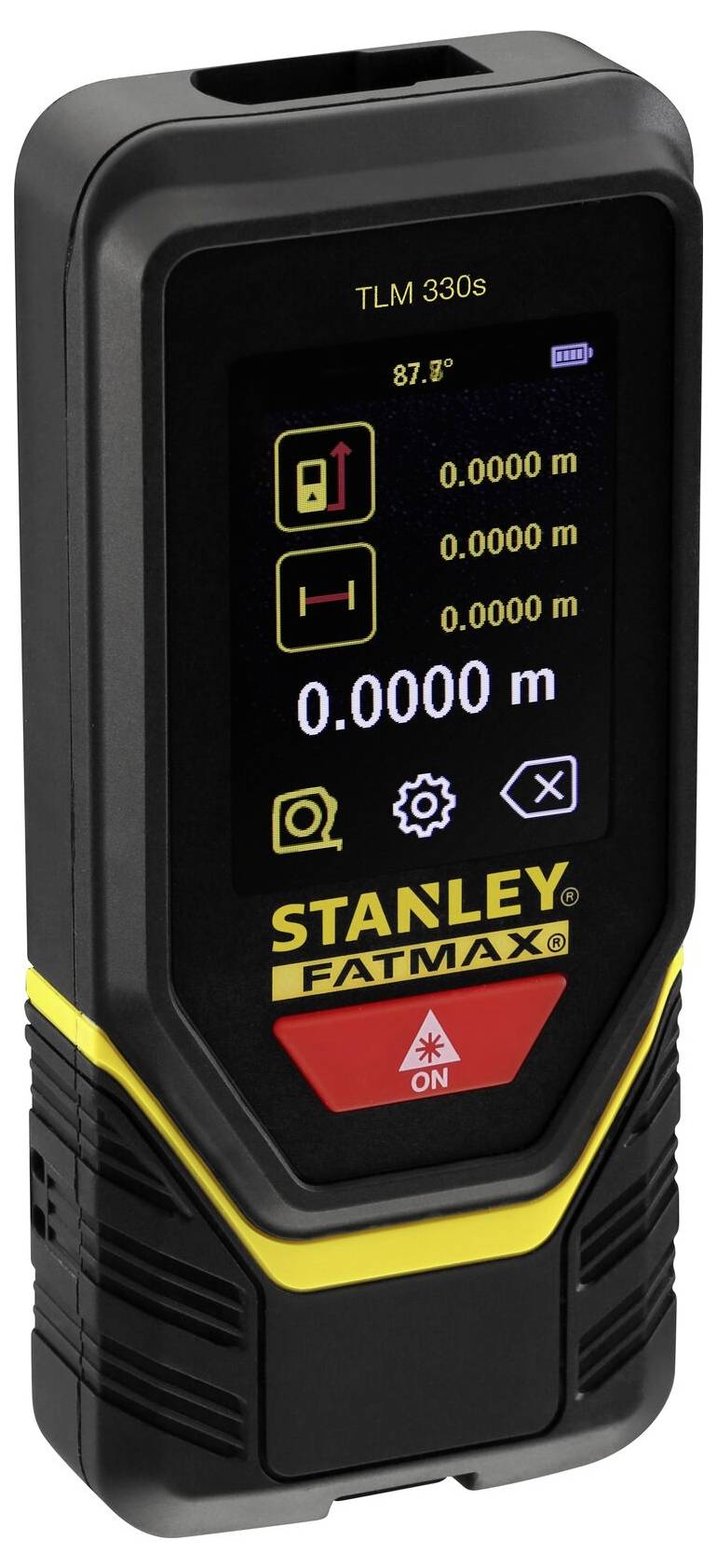 Electronic distance measuring device with digital display. Shows measurement values and operational symbols. Brand: Stanley Fatmax.