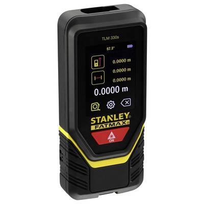 Electronic distance measuring device with digital display. Shows measurement values and operational symbols. Brand: Stanley Fatmax.