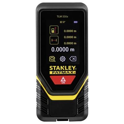 Digital laser distance measuring device with display showing measurements in metres. Displays symbols for area and volume calculation.
