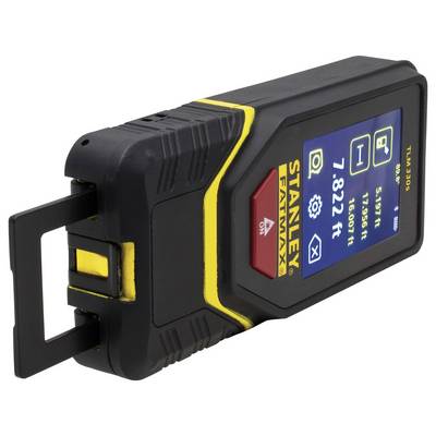 Digital laser distance measurer with an illuminated display, showing distances in feet. Black housing with yellow accents.