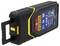 Digital laser distance measurer with an illuminated display, showing distances in feet. Black housing with yellow accents.