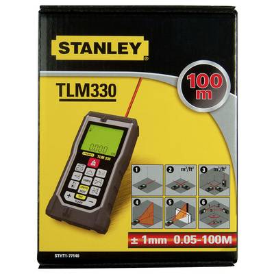 Stanley TLM330 Laser Distance Metre on the packaging. Shows buttons, display, measuring range of 0.05-100 m and accuracy ±1 mm.