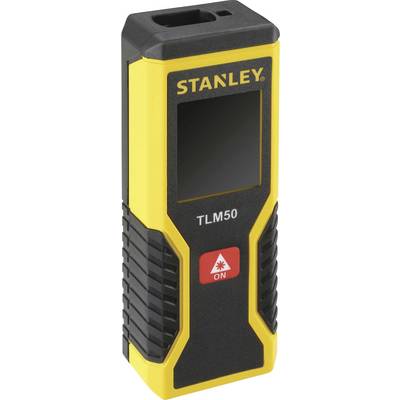 A yellow and black laser measuring device by Stanley, model TLM50, with power button and display.