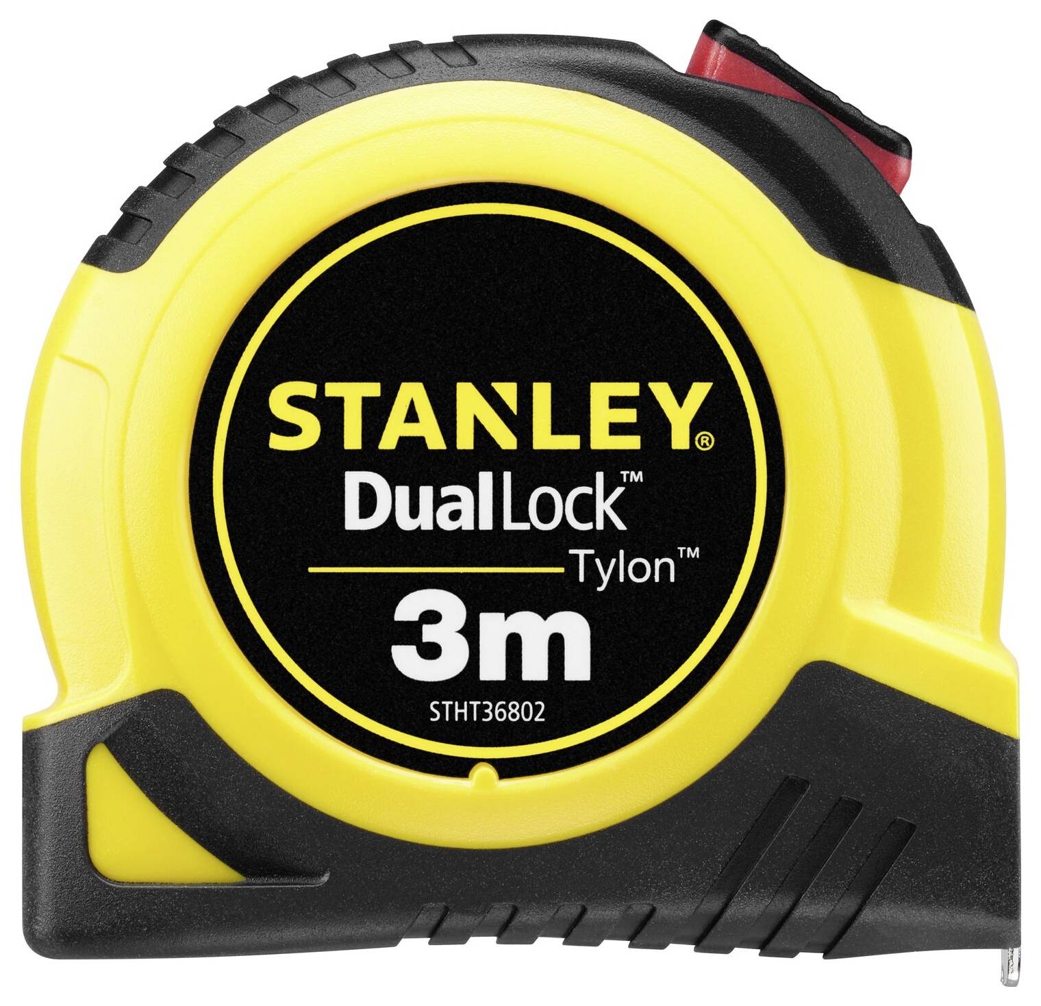 A yellow and black Stanley tape measure, model 'DualLock Tylon', with a length of 3 metres.