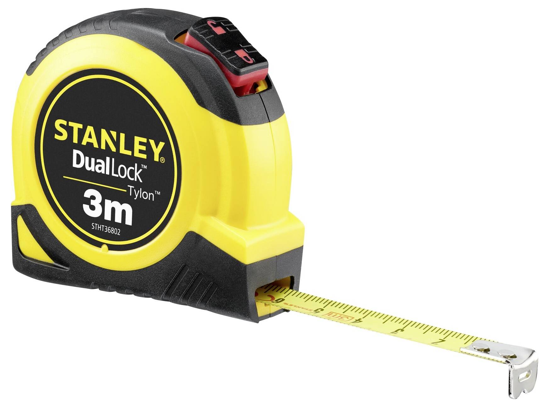 Stanley 'DualLock Tylon' measuring tape with yellow casing and black accent, extended to 3 metres.