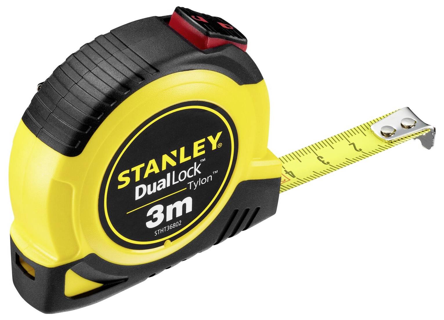A yellow and black tape measure with the inscription 'Stanley Dual Lock Tylon 3m'. The tape measure is partially extended.