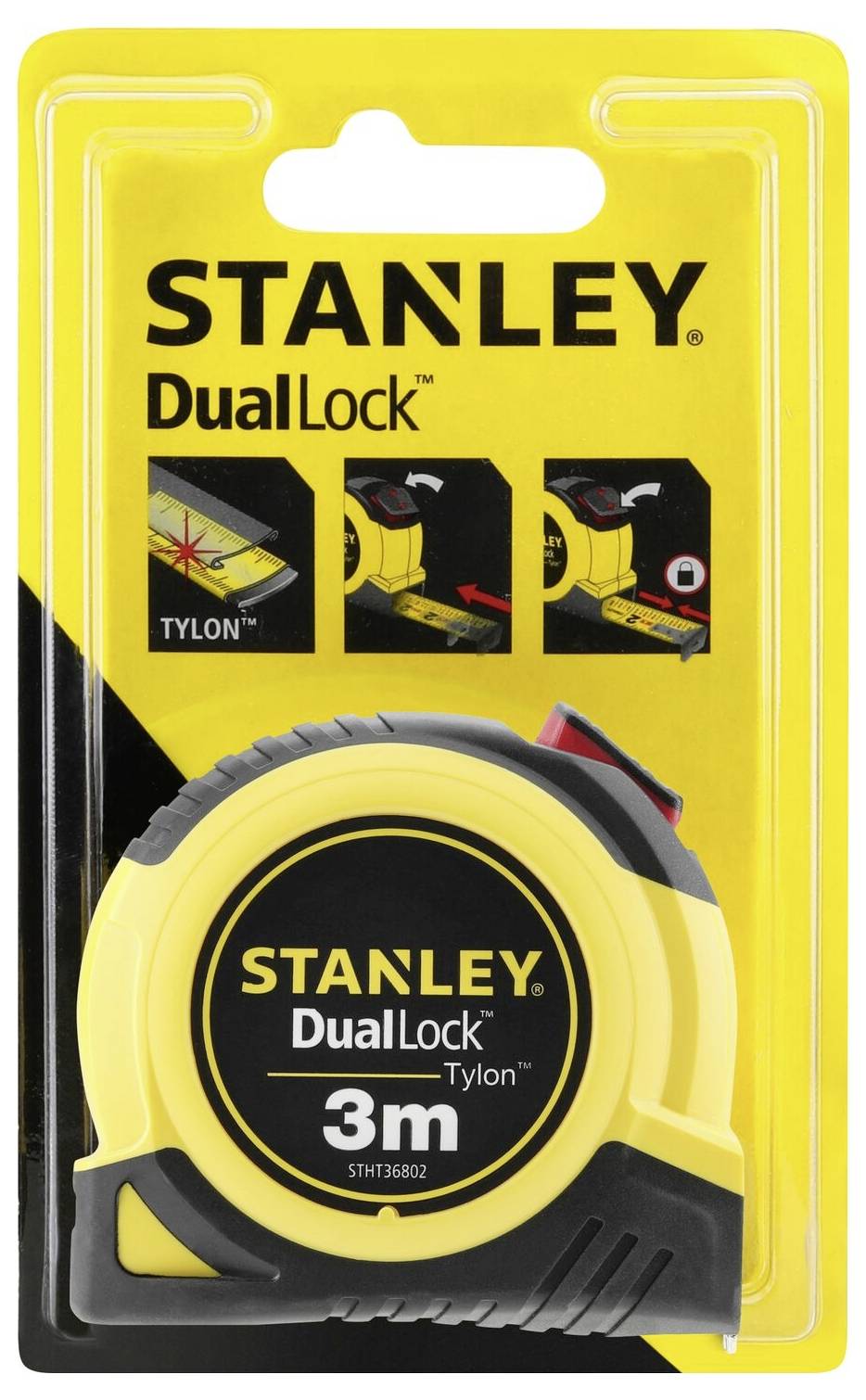 'STANLEY DualLock Tylon 3m Measuring Tape' demonstrates functionality in three images on the packaging. Blister pack with yellow measuring tape.