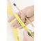 A person is holding a yellow tape measure and a pencil in their hand, ready to measure or mark on a surface.