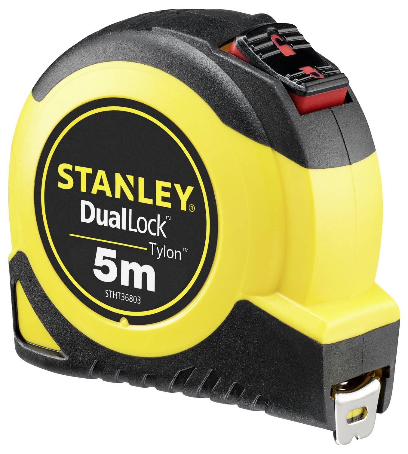 Yellow Stanley tape measure with 'DualLock Tylon' print, 5 metres long, suitable for precise measurements in craftwork.