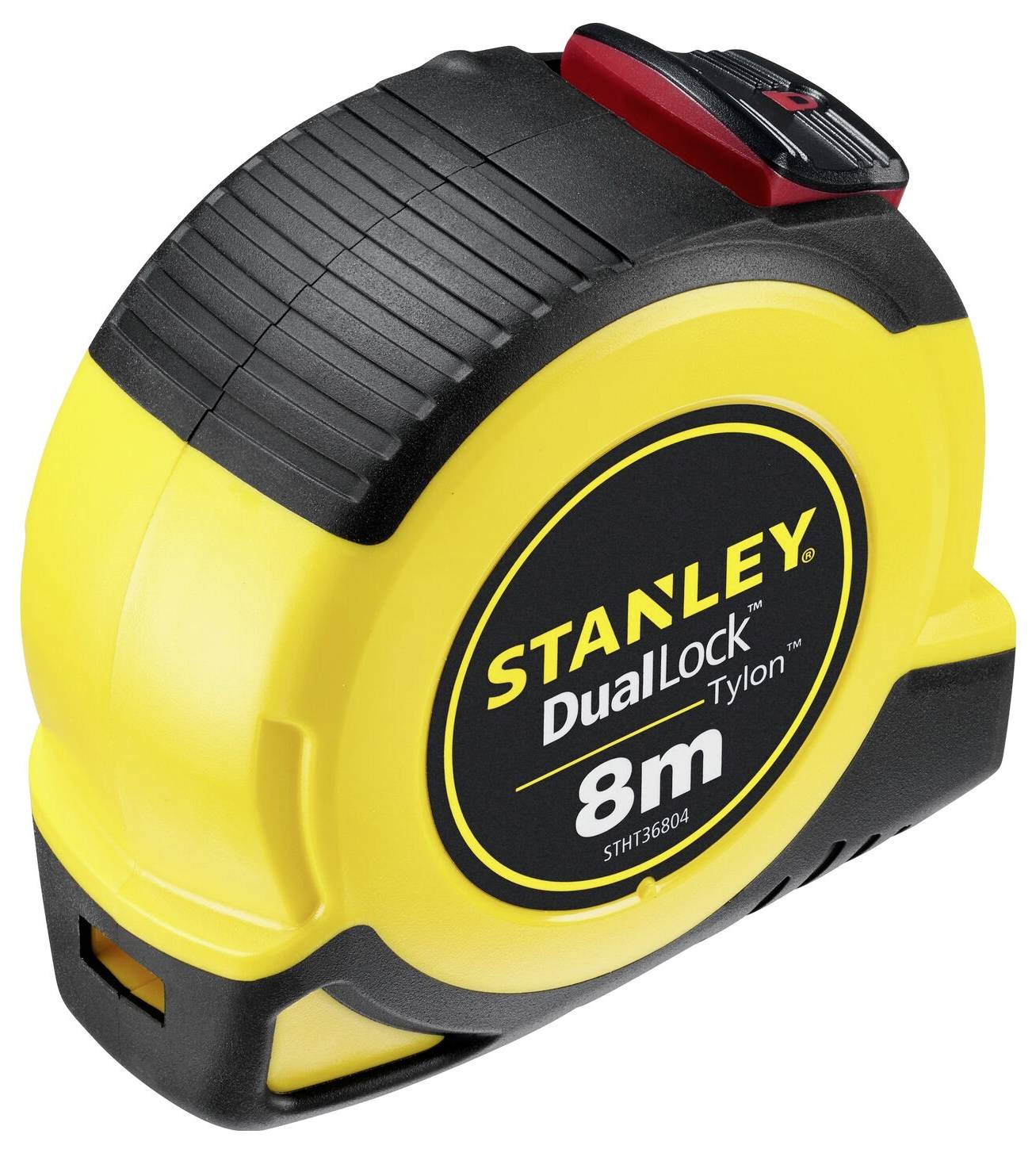 Yellow 8m measuring tape with 'Stanley Dual Lock Tylon' labelling, black and red locking mechanism, ideal for precise measurements.