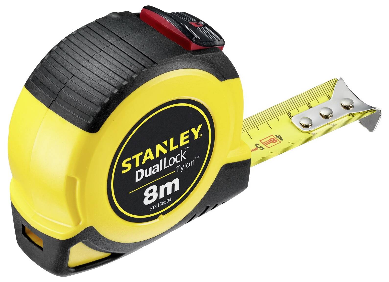 A yellow and black tape measure with the inscription 'Stanley DualLock Tylon 8m'.