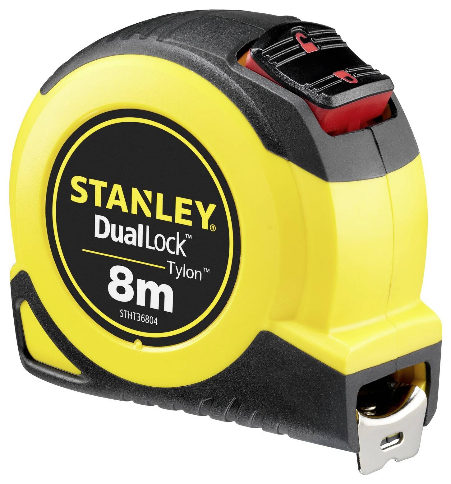 A yellow Stanley DualLock measuring tape with a black casing and silver end hook, length 8 metres.