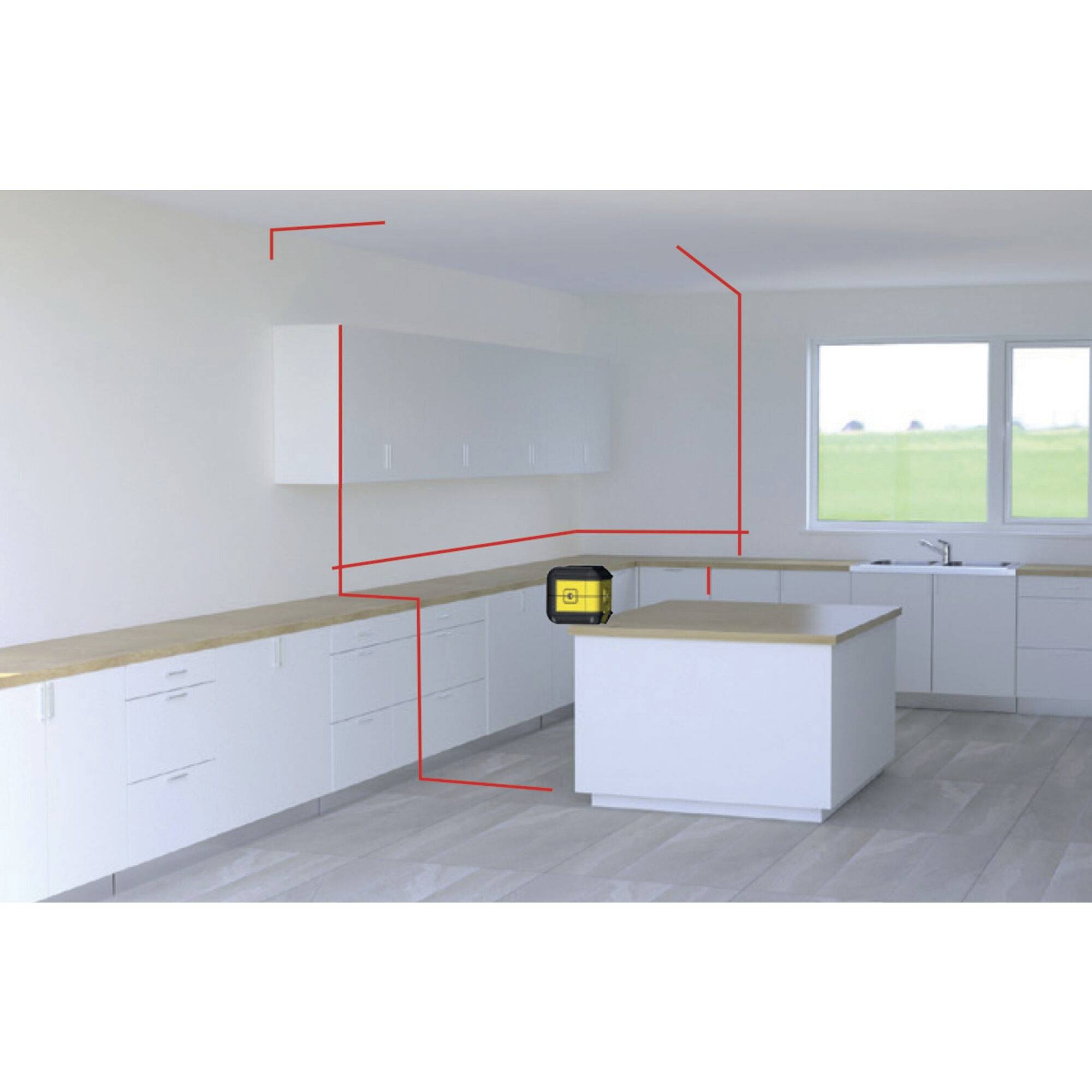 A modern kitchen with white cabinets, wooden worktops and an island. A yellow measuring tape emphasises the room's dimensions.