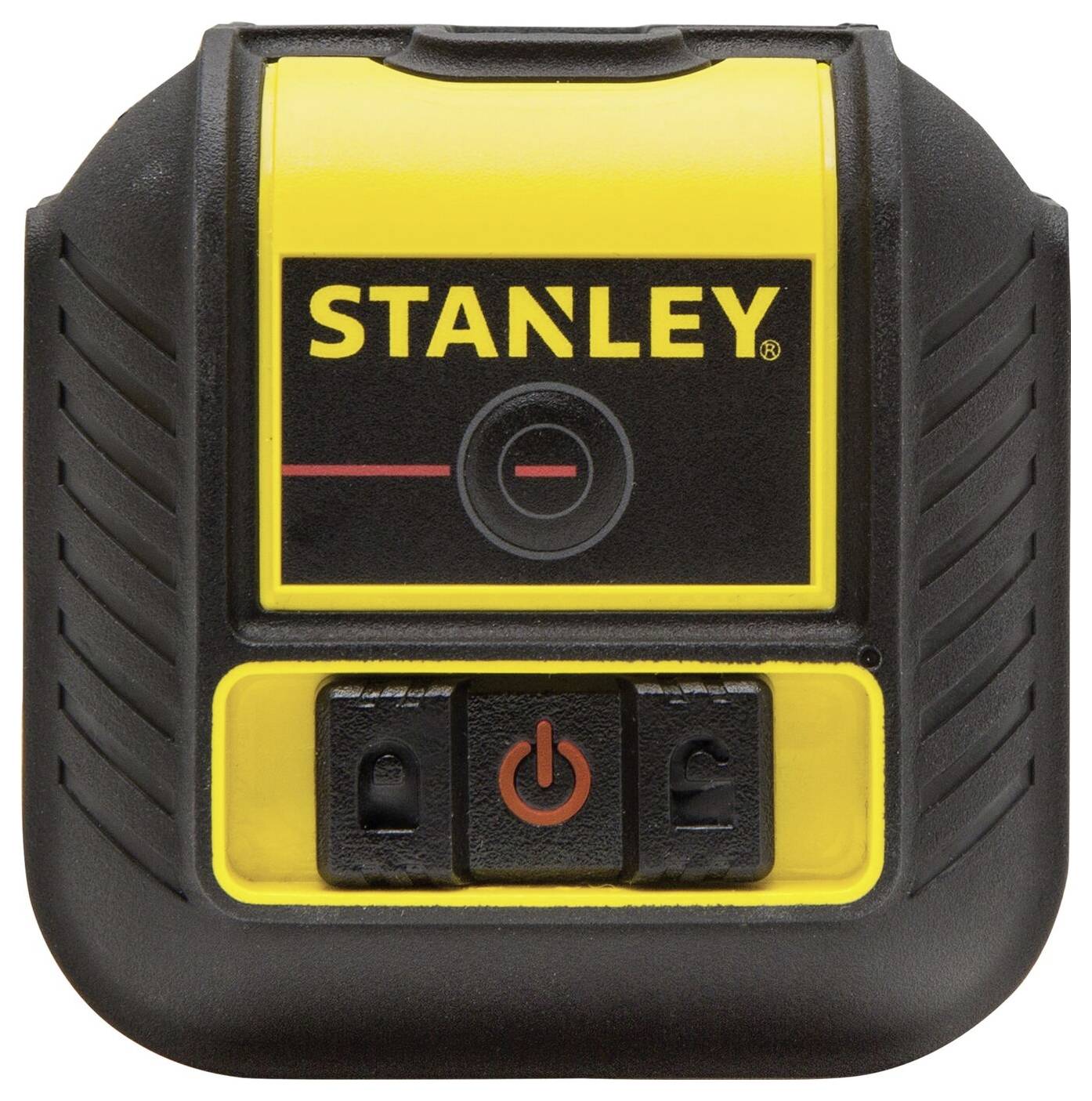 A yellow and black, portable Stanley tool with an on/off button, possibly a measuring device or laser level.