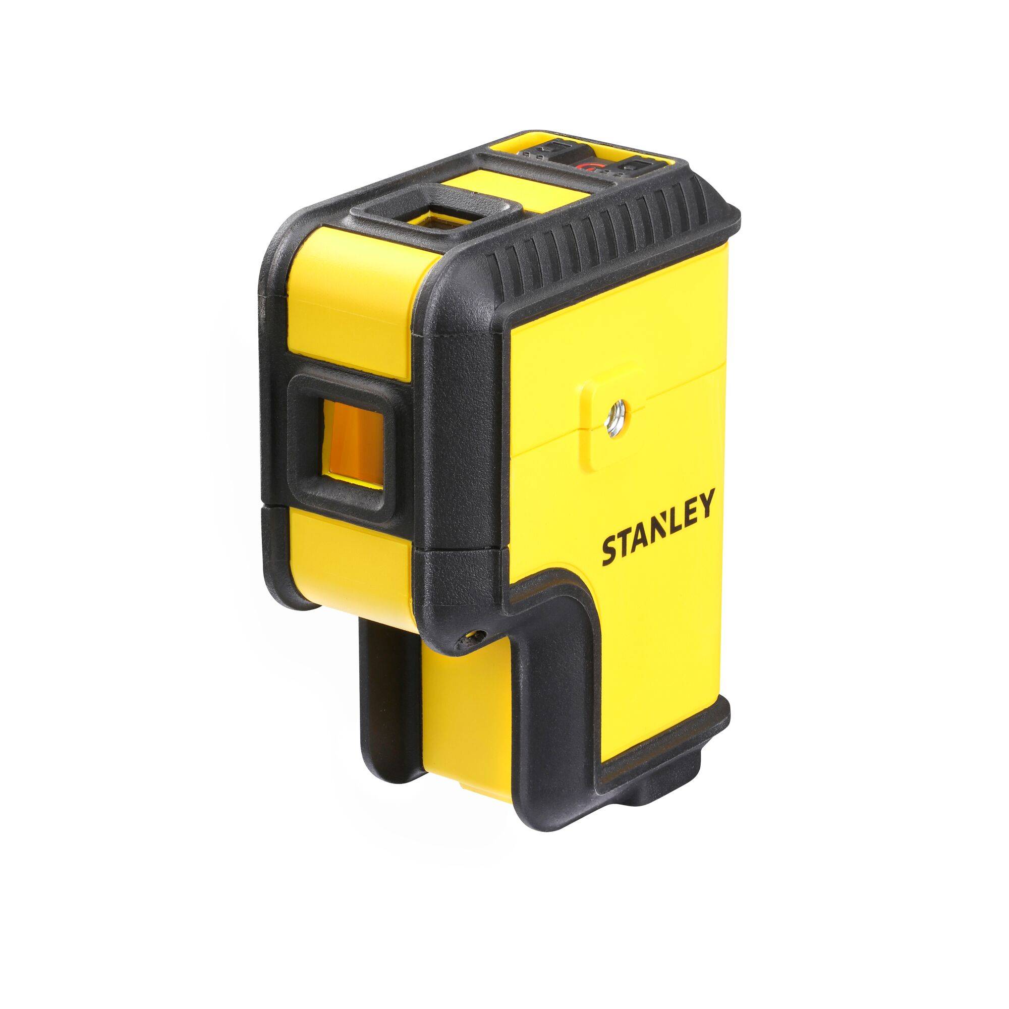Yellow line laser with black casing and 'Stanley' printed on the side, suitable for construction and measurement tasks.