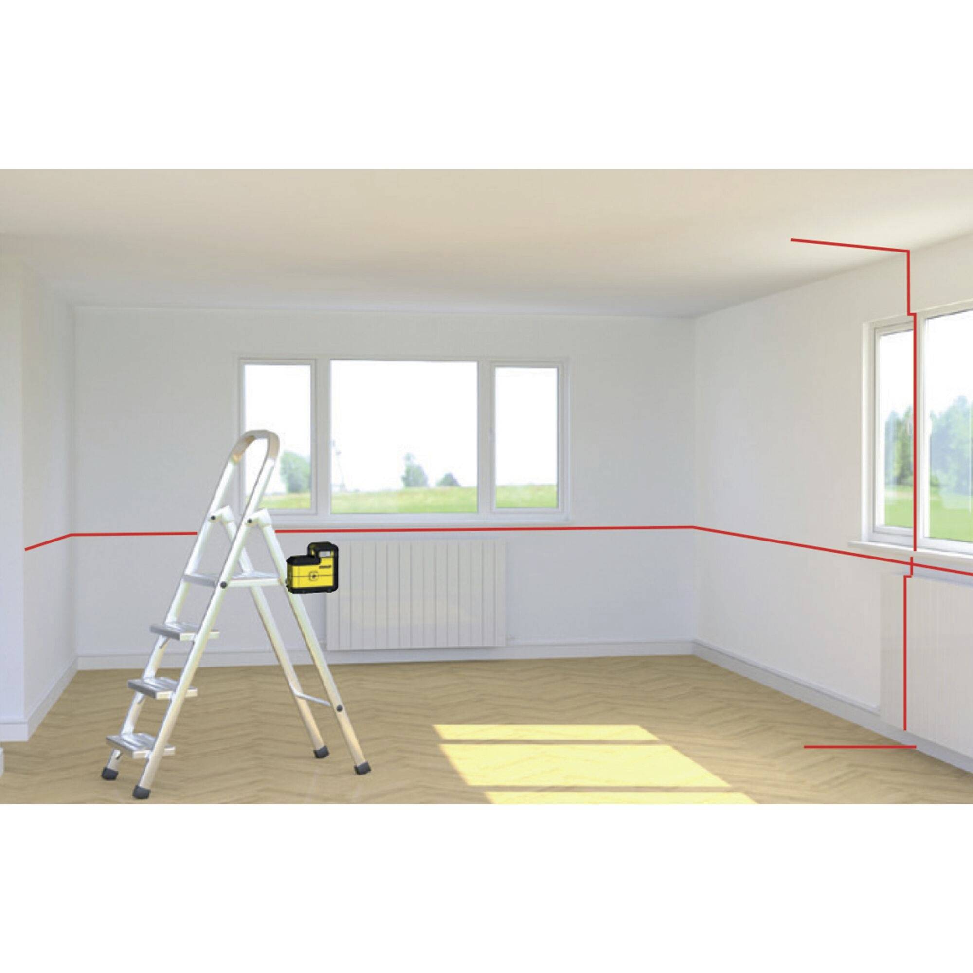 Empty room with wooden flooring, two windows and a ladder. A laser distance metre projects red lines for measurement purposes.