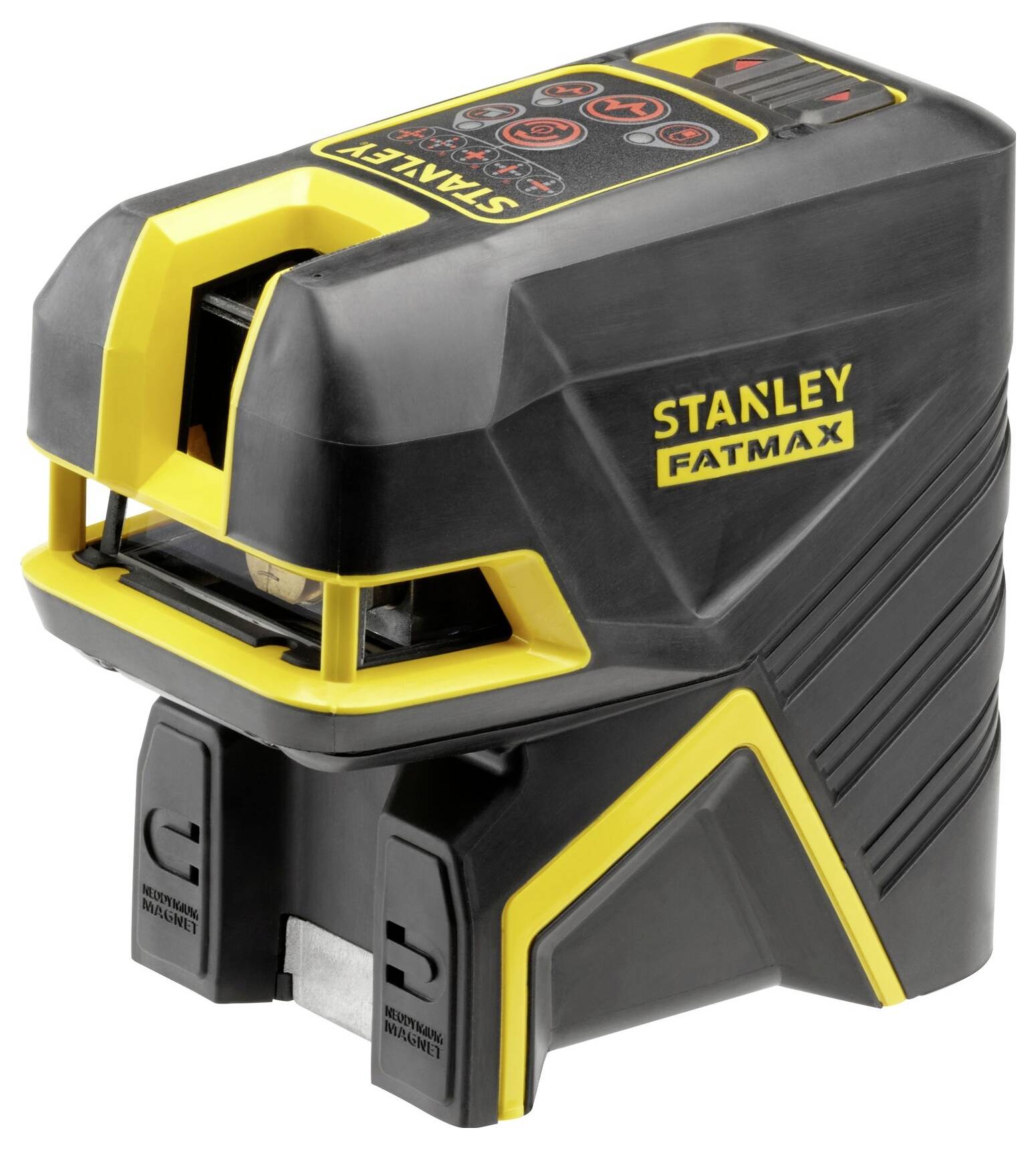 A black and yellow Stanley Fatmax laser level for precise alignment, with controls on top and a robust casing.