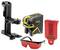 Cross-line laser set with laser measuring device, mounting bracket, red laser target board and safety glasses. Ideal for precise horizontal alignment.