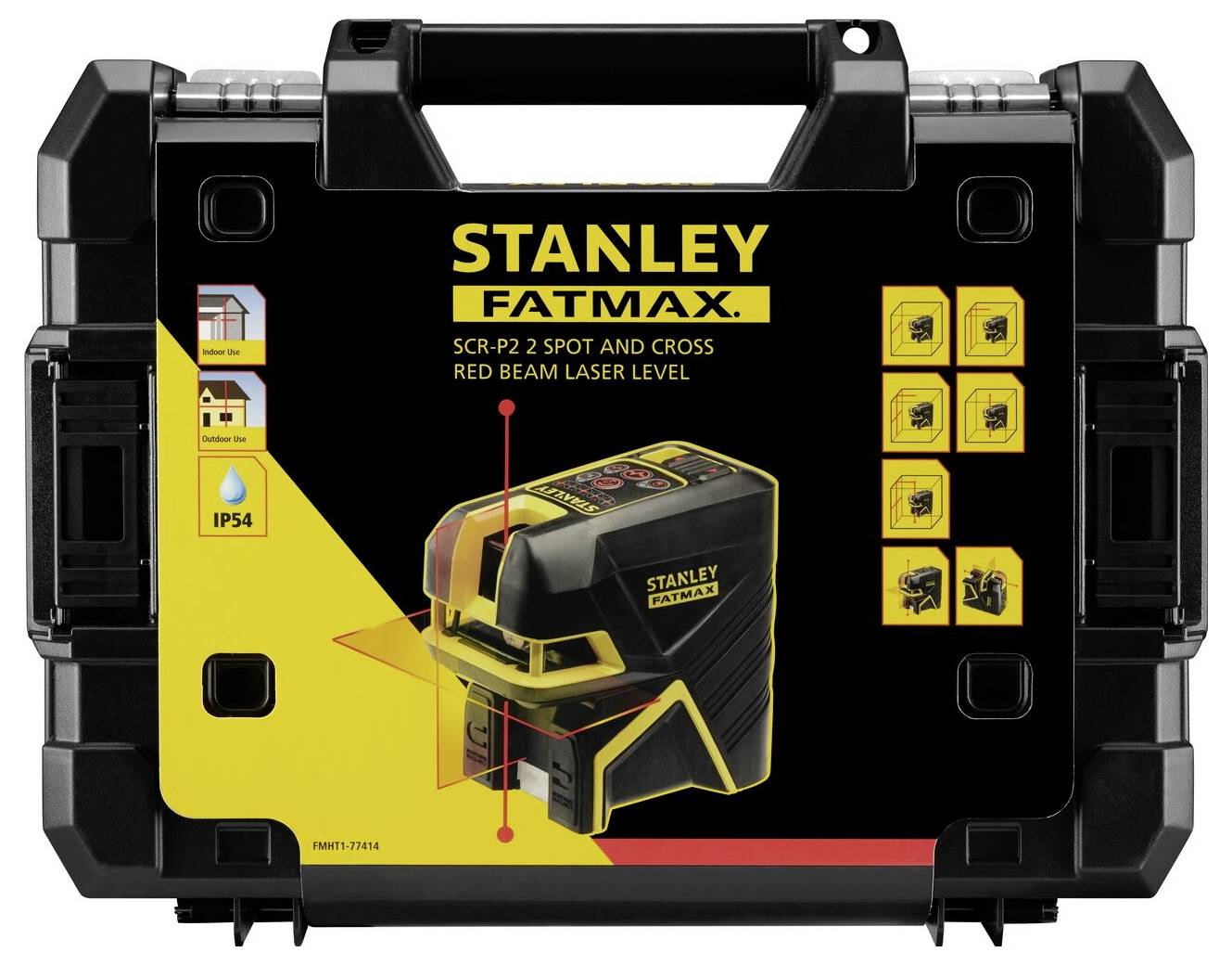 Black hard-shell case with yellow print for 'STANLEY FATMAX' laser device, showing the device and functions on the front.