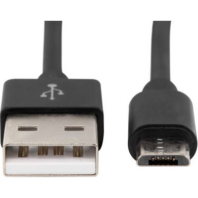 A USB cable with a standard USB connector on the left side and a micro-USB connector on the right side.