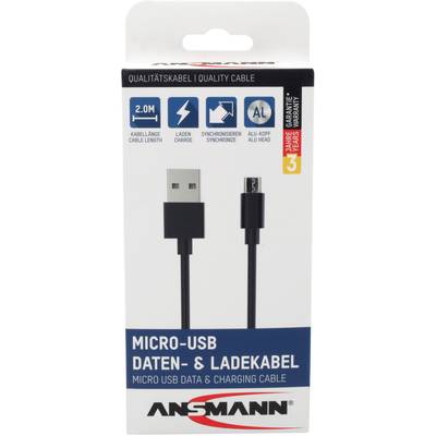 'Ansmann Micro-USB Data & Charging Cable' Packaging, showing cable with USB and Micro-USB connectors, 2m length.
