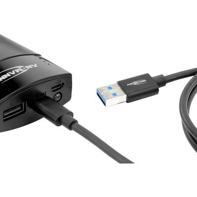A black device with two USB ports and a micro-USB port, next to a USB cable with a blue connector.