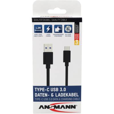 Type-C USB 3.0 Data and Charging Cable, 1.2 m Length, Transfer, Charging, Synchronisation. Packaging shows a cable with USB-C and USB connectors.