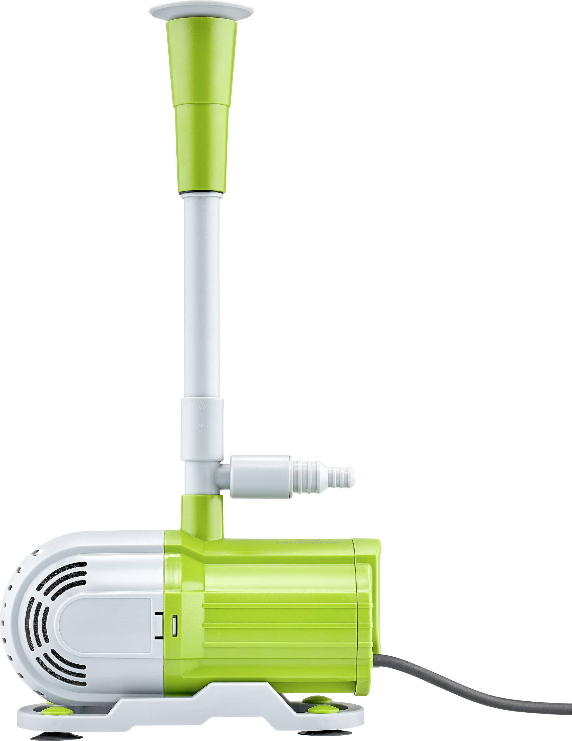 Electric pond pump in green and white with vertical pipe and power cable, suitable for circulation or fountain systems.