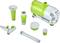 Pond filter system with pump, hoses, connections and nozzles. Main device is green and white, accessories are grey-green. Ideal for water purification.