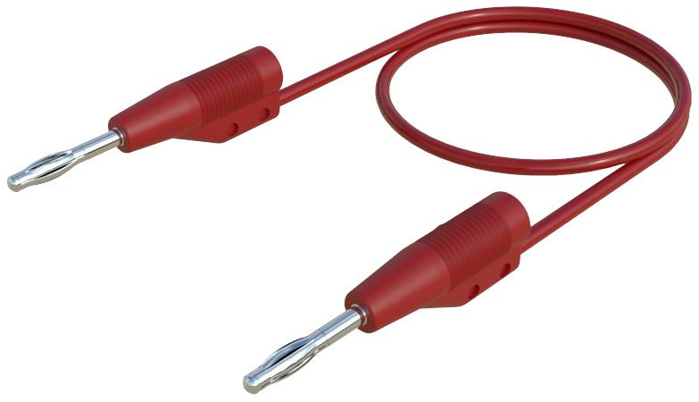 Red banana plug cable with two metal connectors, used for electrical connections and test equipment.